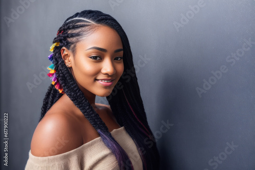 Digital photo of young  smiling cool black woman with colorful braided, standing in the campus of the university or college. Back to School concept. Generative AI photo