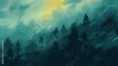 Mountains in the fog in a beautiful early morning. Landscape with mountain valley, low clouds and forest. Generative AI. Illustration for banner, poster, cover, brochure or presentation. © Login