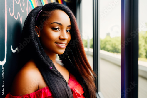 Digital photo of young  smiling cool black woman with colorful braided, standing in the campus of the university or college. Back to School concept. Generative AI photo