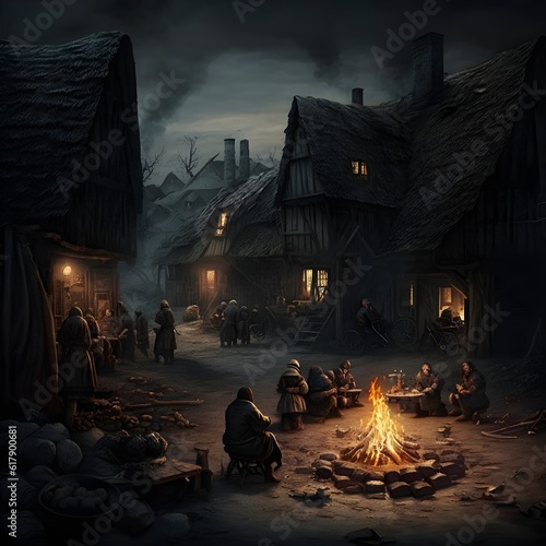 Landscape a ruined medieval village stash of sick people laying down in the cobble stone street a huge campfire with sick people bruning dark plague dcotor trasporting sick people in wooden chariots  photo