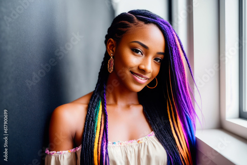 Digital photo of young  smiling cool black woman with colorful braided, standing in the campus of the university or college. Back to School concept. Generative AI © mikhailberkut