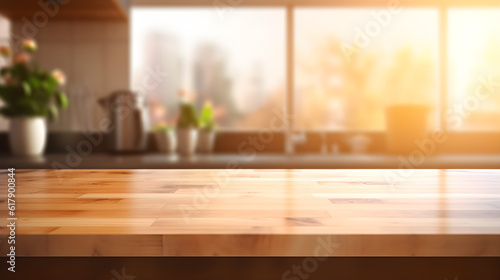 wooden table in the kitchen Blur background 04 Generative AI