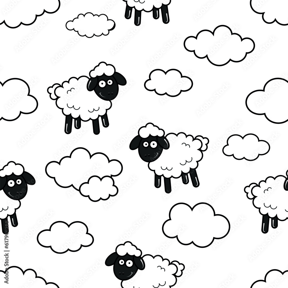 Cute vector sheep seamless pattern. Cute cartoon sheep and clouds texture with green fresh grass and stars texture. Pastel blue background color. Can be used as wallpaper, for print or for web. Cute vector sheep seamless pattern. Cute cartoon sheep and clouds texture with green fresh grass and stars texture. Pastel blue background color. Can be used as wallpaper, for print or for web.