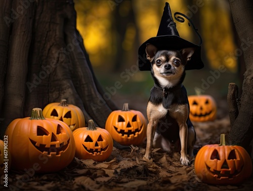Minimalistic close up picture of cute black chihuahua pup in black witch hat sitting between jack-o-lanterns halloween pumpkins with forest in the background. Generative AI