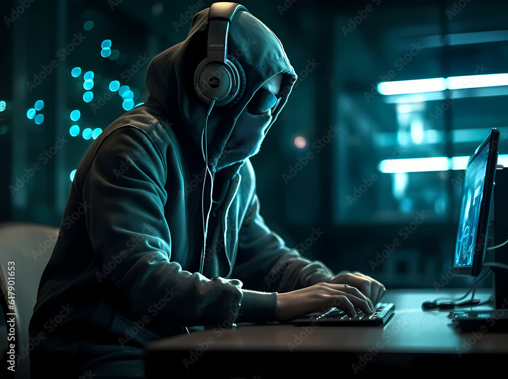 A Hacker is hacking a computer system, sitting in front of a desktop/PC