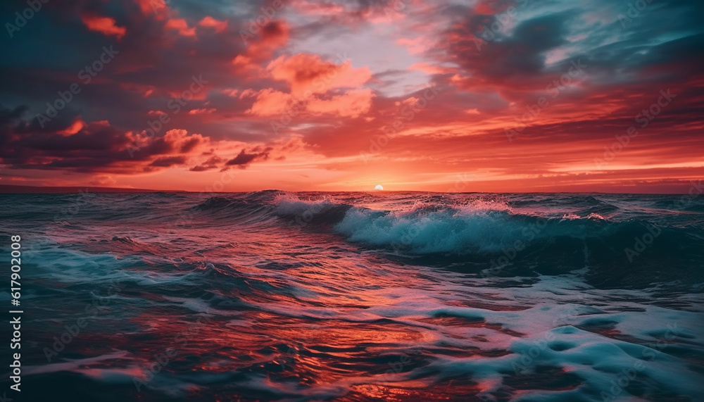 Tranquil seascape at dusk, reflecting dramatic sky and multi colored sunset generated by AI