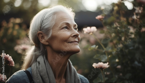 One beautiful woman smiling outdoors, enjoying nature beauty generated by AI
