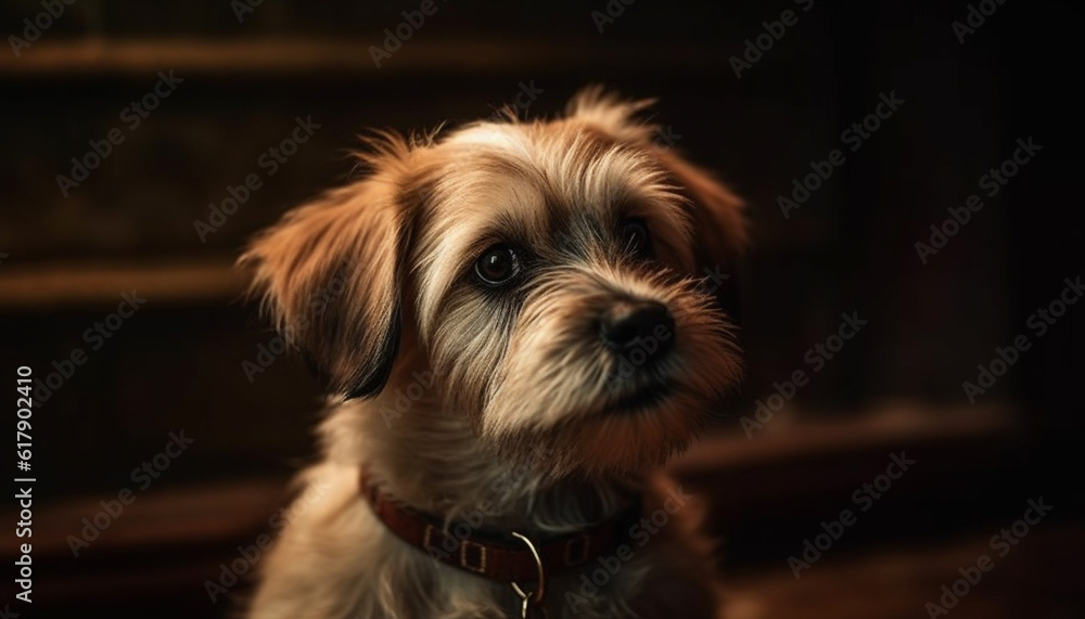 Cute small terrier sitting outdoors, looking at camera with fluffy fur generated by AI