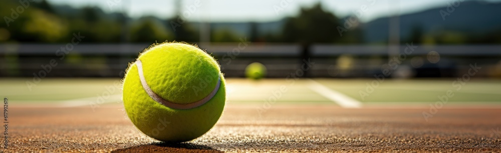 tennis ball on a tennis court. Banner - Generative AI