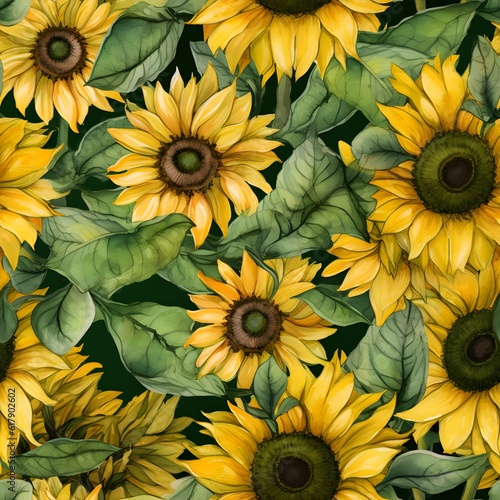 A seamless pattern featuring watercolored sunflowers in different sizes and shapes. Generative AI