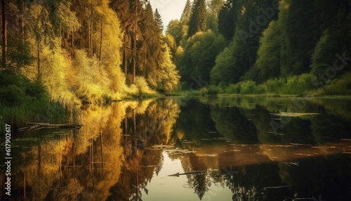 Tranquil scene of natural beauty, reflecting vibrant autumn landscape generated by AI