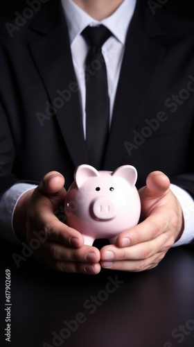 Piggy bank in businessman hands. Concept of finance, credit and mortgage, investment, economy and money savings. 