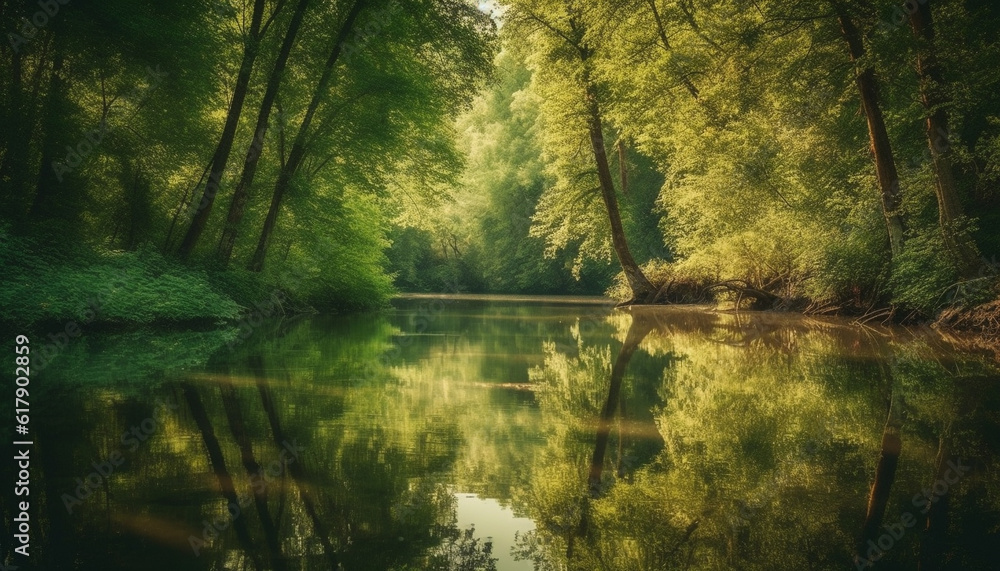 Tranquil scene of a forest pond reflects the vibrant autumn colors generated by AI Tranquil scene of a forest pond reflects the vibrant autumn colors generated by AI