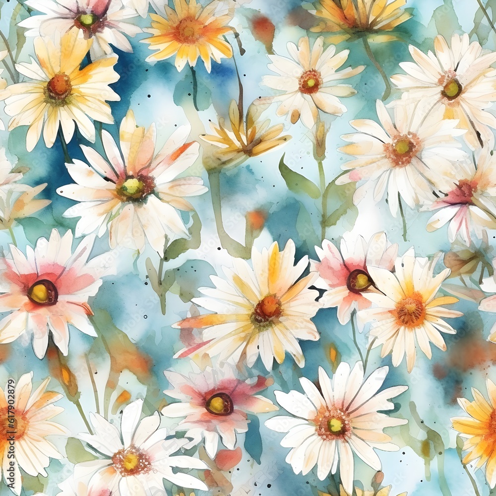 A seamless pattern featuring watercolored daisy flowers in different sizes and shapes. Generative AI