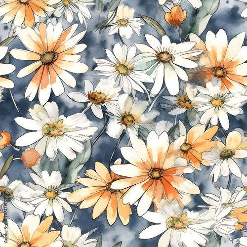 A seamless pattern featuring watercolored daisy flowers in different sizes and shapes. Generative AI