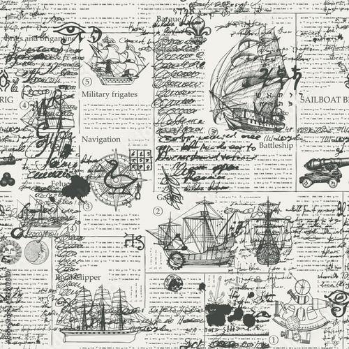 seamless vector pattern background with drawings on the theme of sailing ships and sea travel, adventure and handwriting text. magazine or newspaper page. suitable for wallpaper, wrapping paper.