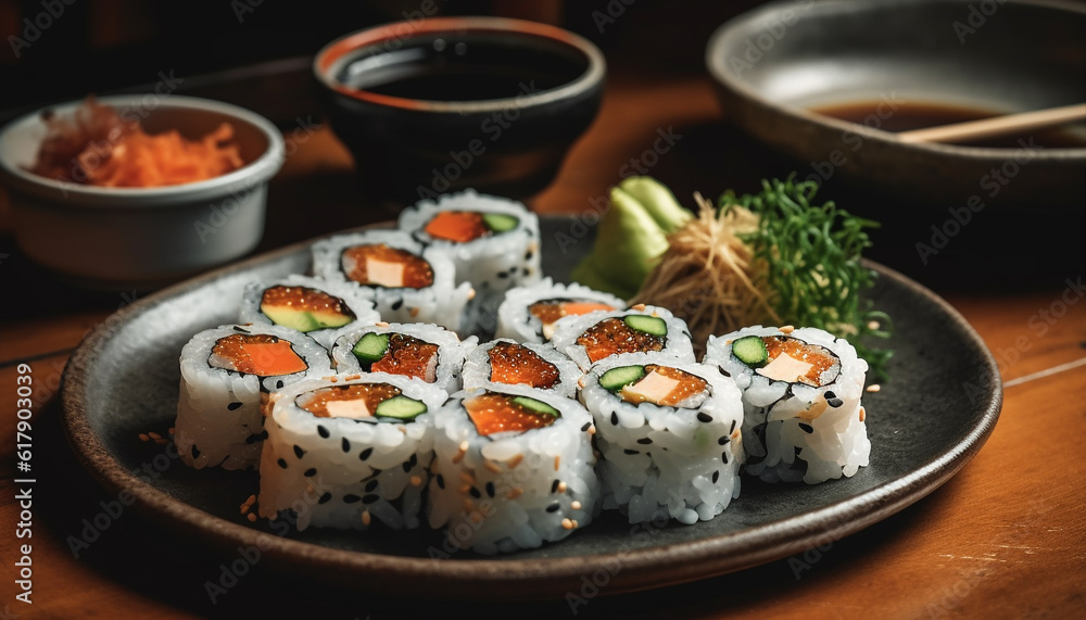 Fresh seafood meal on plate, close up of maki sushi roll generated by AI Fresh seafood meal on plate, close up of maki sushi roll generated by AI