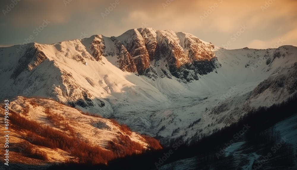 Tranquil mountain meadow frozen in winter majestic beauty at dawn generated by AI
