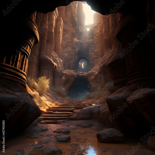 dnd environment fantasy background sandstone underground panoramic view wide angle large rock cavity dripping water gothic architecture antique structures cinematic lighting global illumination 