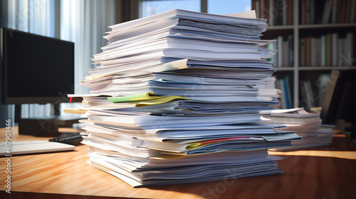 Piles of documents on the office desk. Piles of documents on the office desk.Created with Generative AI technology.