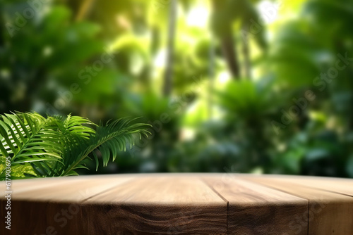 Wood tabletop counter podium floor in outdoors tropical garden forest blurred green leaf plant nature background.Natural product placement pedestal stand display,spring summer jungle paradise concept.