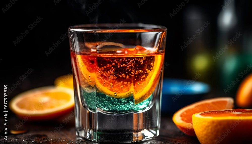 Whiskey cocktail with ice, fruit, and citrus slice on table generated by AI Whiskey cocktail with ice, fruit, and citrus slice on table generated by AI