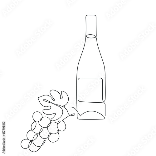 Bottle and grape drawn in one continuous line. One line drawing, minimalism. Vector illustration.