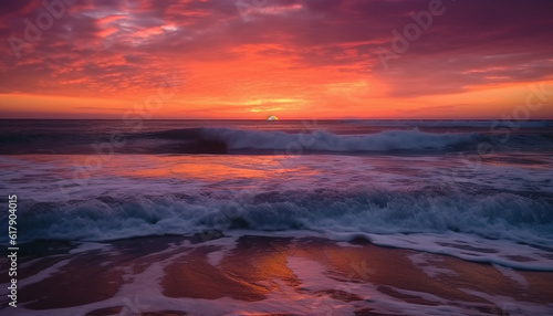 Tranquil sunset over the tropical coastline, reflecting multi colored beauty generated by AI