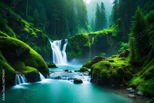 Jungle waterfall cascade in tropical rainforest with rock and turquoise blue pond. Its name Banyumala because its twin waterfall in mountain slope