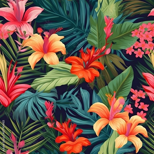 A seamless pattern with tropical elements like palm leaves  exotic flowers  and vibrant colors  evoking a sense of paradise and relaxation. Generative AI