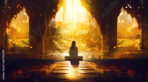 illustration a yogi meditates in the radiant silence of a temple