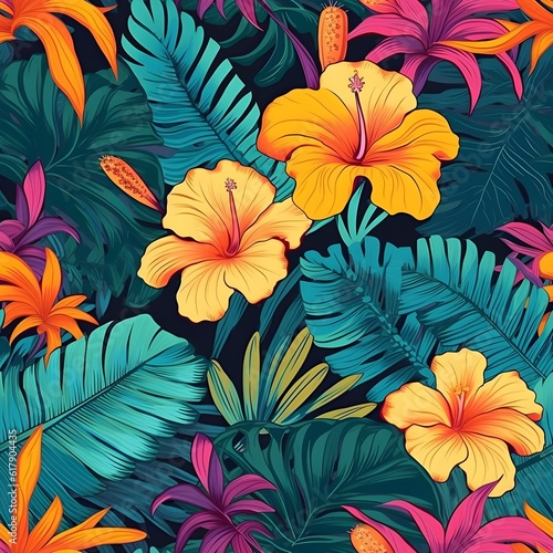 A seamless pattern with tropical elements like palm leaves, exotic flowers, and vibrant colors, evoking a sense of paradise and relaxation. Generative AI