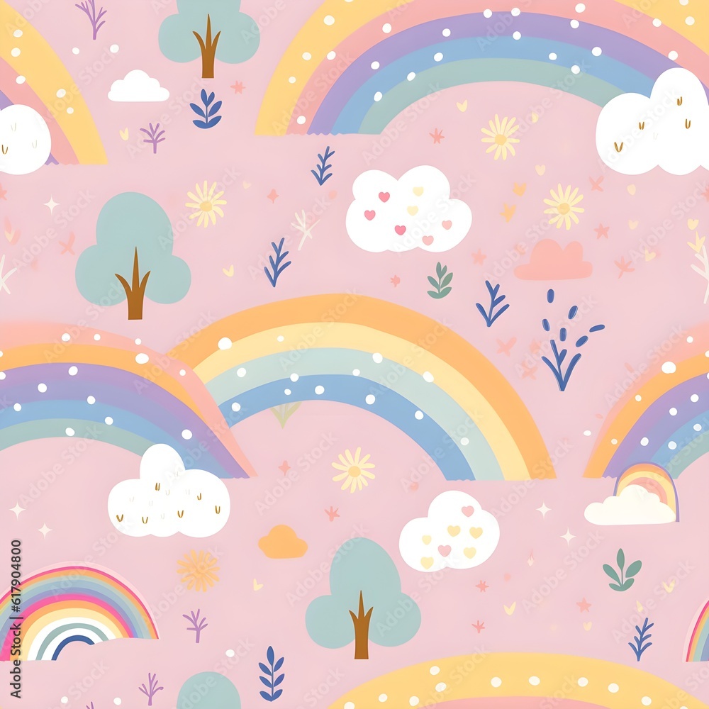 A seamless pattern in soft and delicate pastel colors, featuring elements like clouds, stars, rainbows, and flowers, creating a whimsical and dreamy atmosphere. Generative AI A seamless pattern in soft and delicate pastel colors, featuring elements like clouds, stars, rainbows, and flowers, creating a whimsical and dreamy atmosphere. Generative AI