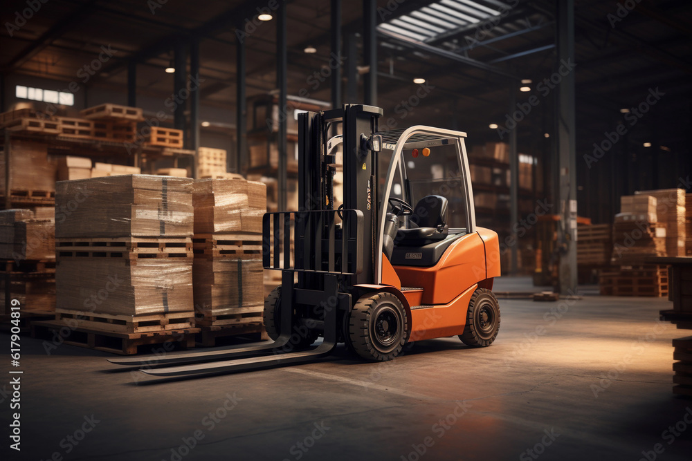 3D rendering of delivery forklift at warehouse concept ai