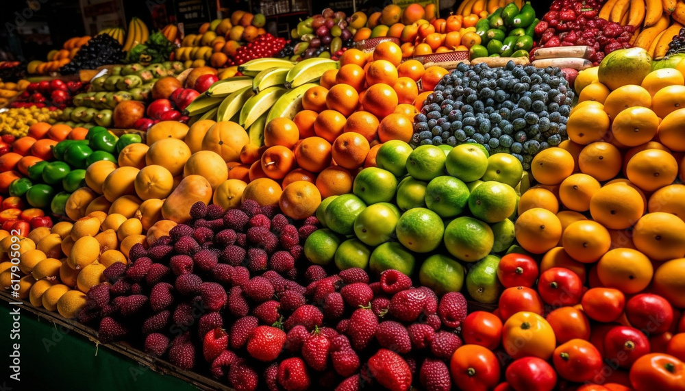 Abundance of juicy, multi colored fruits in a large basket generated by AI