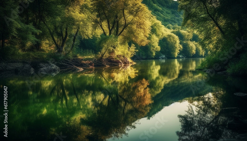 Tranquil scene of nature beauty forest, water, reflection, tree generated by AI