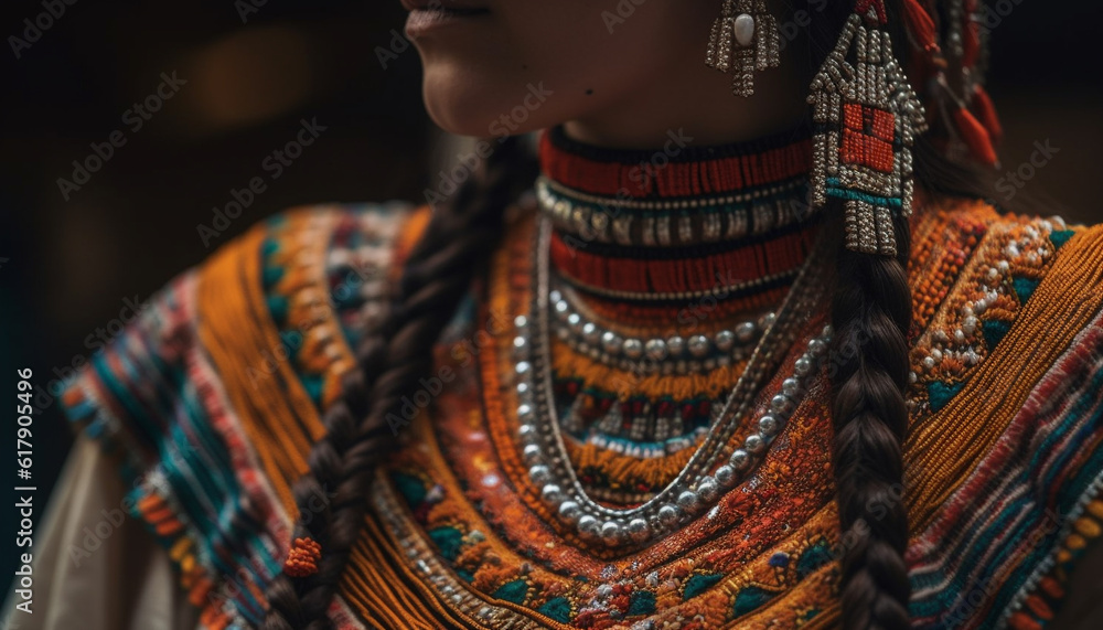 Elegant young woman showcases traditional clothing and jewelry with sensuality generated by AI