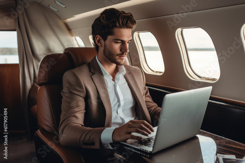 Rich successful person flies on a private plane and works. Businessman using laptop in business jet. Luxury lifestyle. Created with Generative AI © Lazy_Bear