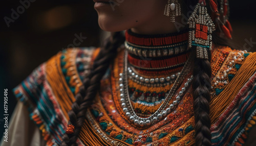Elegant young woman showcases traditional clothing and jewelry with sensuality generated by AI