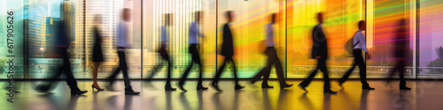 Silhouettes of group of people in business office with motion blur effect. Crowd of unrecognizable people walking in building with glass facade. City life. Created with Generative AI © Lazy_Bear