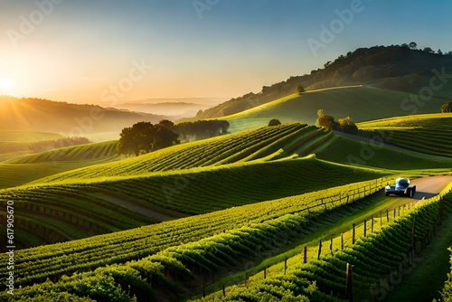 A classic sports car driving through a vineyard, with rows of grapevines and a serene countryside setting.