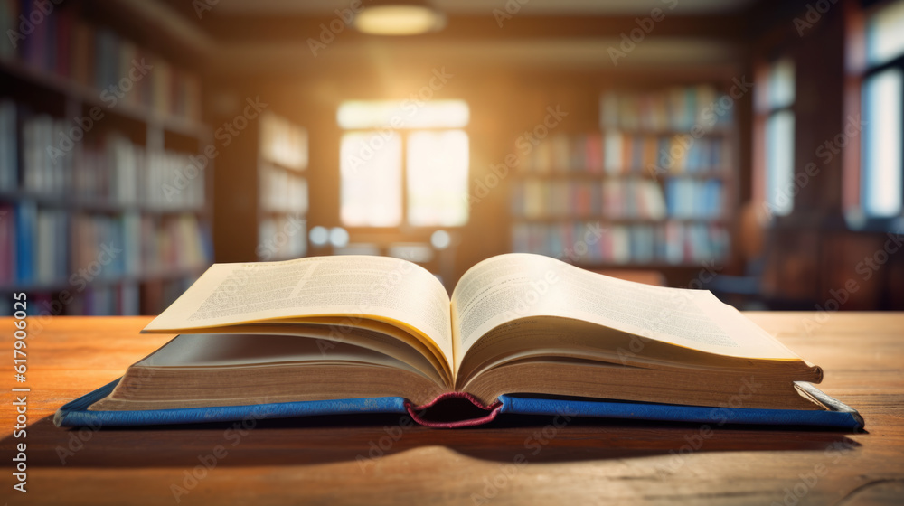 Open Book on library background.Created with Generative AI technology. Open Book on library background.Created with Generative AI technology.