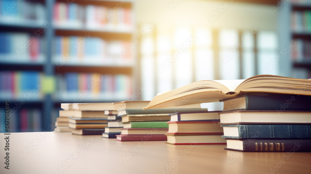 Book stack on wood desk and blurred bookshelf in the library room.Created with Generative AI technology. Book stack on wood desk and blurred bookshelf in the library room.Created with Generative AI technology.