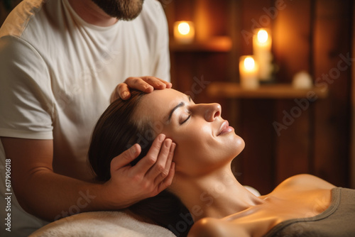 Spa Massage. Young Woman Getting Facial Massage. High quality photo