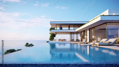 Modern luxury pool villa with sea view background.3d rendering