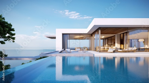 Modern luxury pool villa with sea view background.3d rendering © Eli Berr