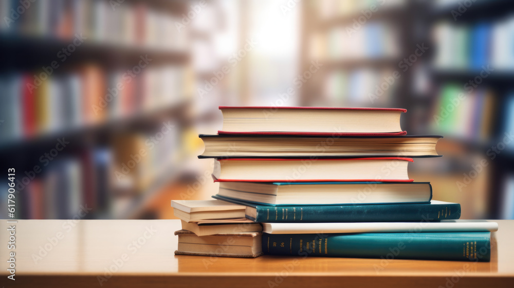 Book stack on wood desk and blurred bookshelf in the library room.Created with Generative AI technology. Book stack on wood desk and blurred bookshelf in the library room.Created with Generative AI technology.