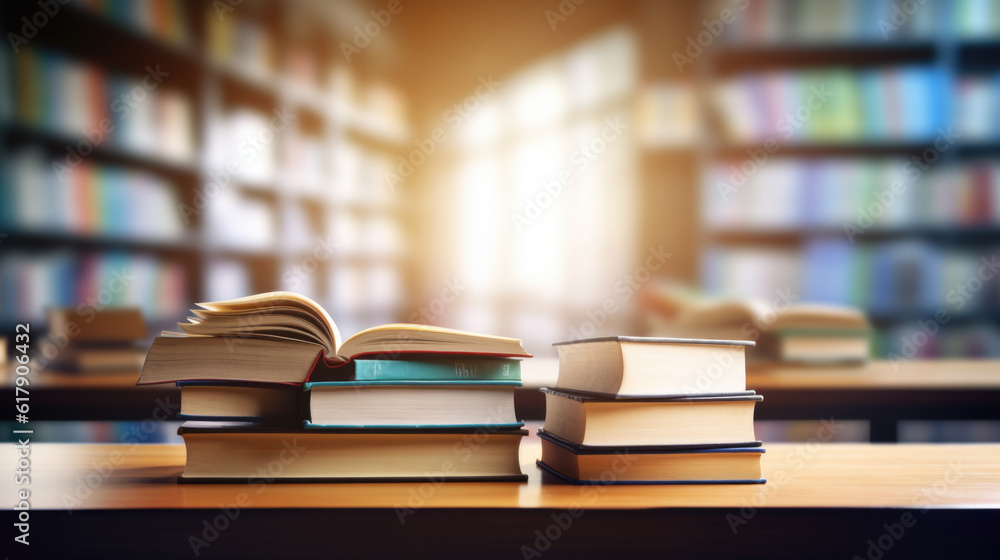 Book stack on wood desk and blurred bookshelf in the library room.Created with Generative AI technology. Book stack on wood desk and blurred bookshelf in the library room.Created with Generative AI technology.
