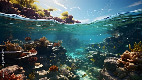 Coral Reef Of A Tropical Island. Transparent Water And The Wonderful World Of The Underwater Coral Reef Are Mesmerizing. Illustration On The Theme Of Nature And Climate. Generative AI © MICHAEL KUK