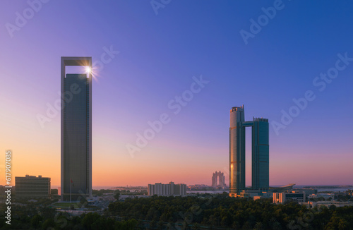 UAE, United Arab Emirates, Abu Dhabi downtown panorama and financial center skyline.